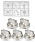 5 Pack Beefed Up Gas Stove Knobs Replacement For JGP3030SL1SS JGP3030SL2SS Cooktop Knobs Two By One Point Eight Inch Size With AP6301265 4585904 PS12296155 EAP12296155 Fits Range, silver stove knobs on white background