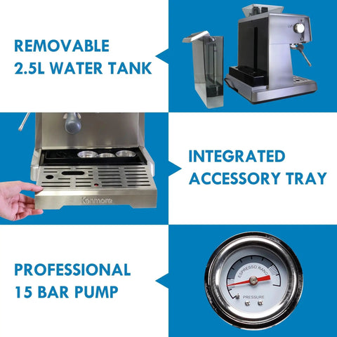 Kickstart Your Daily Grind With This Automatic Espresso Machine Featuring A Built In Bean Grinder Milk Frother And Hassle Free Auto Cleanup For Top Shelf Barista Style Lattes Right At Home Today. 2.5L removable water tank, integrated accessory tray, 15 bar pump.