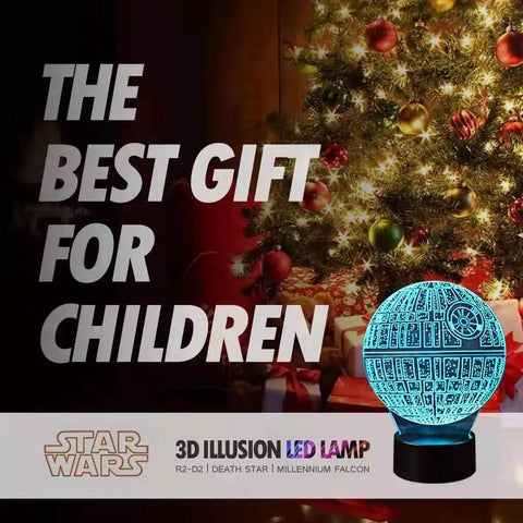 Lit 3 Pattern 16 Colors 3D Night Light Illusion Lamp For Fans near Christmas tree featuring Death Star pattern glowing in blue