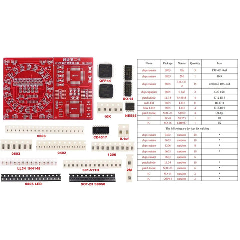 Components of DIY SMD SMT Welding Practice Board For Soldering Skill Training With NE555 CD4017 Water Flowing LED Circuit Kit