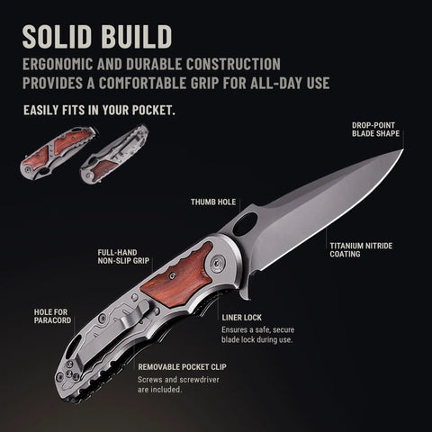 Everyday Carry Folding Knife For Men With 5Cr15MoV Stainless Steel Blade And Wood Handle showing blade and grip details
