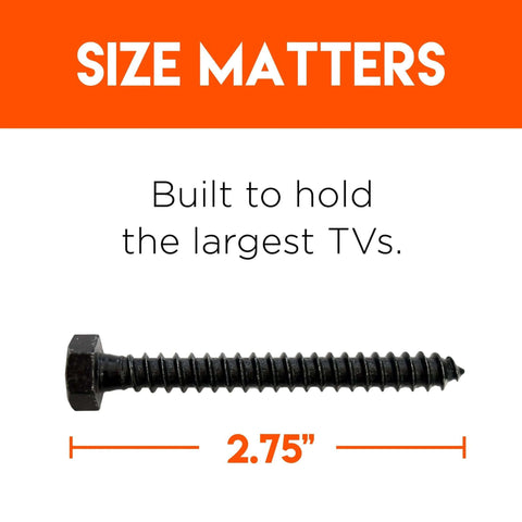 Lag bolt with hex head, 2.75 in long, black steel for mounting a TV