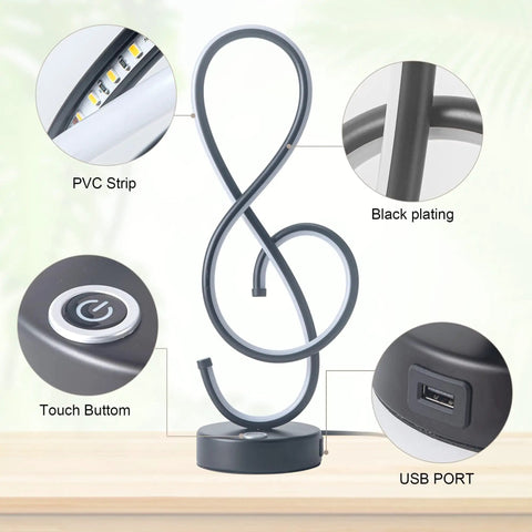 Dope Musical Note Modern Table Lamp USB LED Touch Dimmable Black Matte Spiral Design 14W Warm White 3000K components
