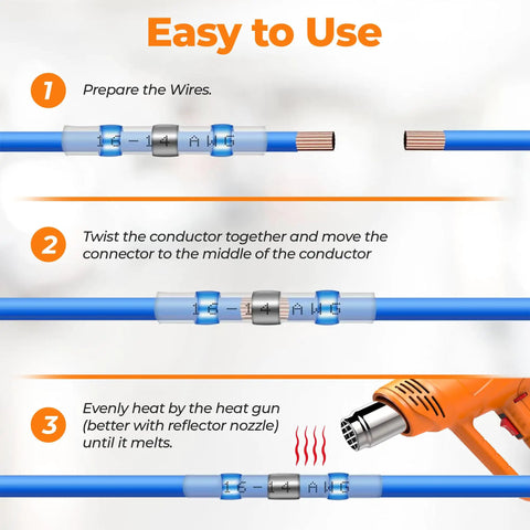 Instructional steps for using 520 Piece Solder Seal Wire Connectors Kit With Waterproof Heat Shrink Butt Terminals for blue wires