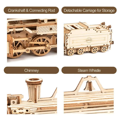 Detailed view of 3D Wooden Puzzle Kit For Adults Mechanical Train Model One Eighty Scale Prime Steam Express No Glue Needed