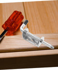 Heavy Duty Spring Loaded Latch Kit 2 Pcs Thickened Iron Safety Pins for cabinets with a screwdriver on wood surface