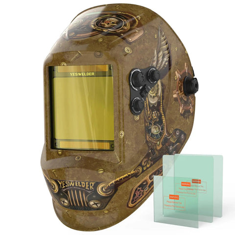 Large View Auto Darkening Welding Helmet With Blue Light Blocking True Color Solar Powered Hood front view.