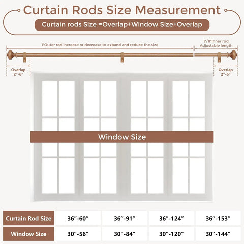 Diagram showing curtain rods size measurement for heavy duty wooden curtain rods for windows 48 to 84 inches installation guide.