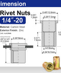1/4-20 Rivet Nuts Zinc Plated Carbon Steel Threaded Insert Rivnut Flat Head UNC 20 Pieces with dimensions and specifications