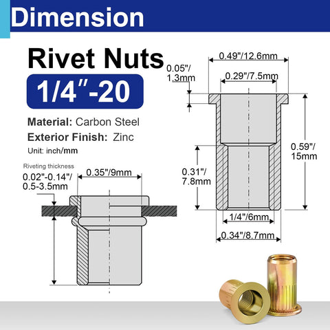 1/4-20 Rivet Nuts Zinc Plated Carbon Steel Threaded Insert Rivnut Flat Head UNC 20 Pieces with dimensions and specifications