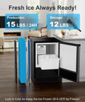 Open black Drainless Under Counter Ice Maker 15 Inch Wide With 12 Lb Storage Crescent Ice No Drain Needed Stainless Steel Freestanding