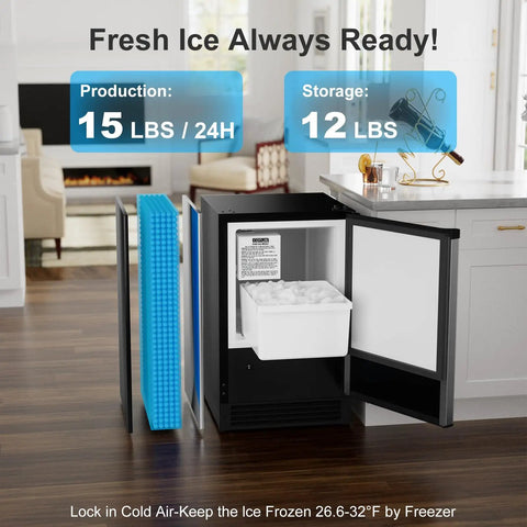 Open black Drainless Under Counter Ice Maker 15 Inch Wide With 12 Lb Storage Crescent Ice No Drain Needed Stainless Steel Freestanding