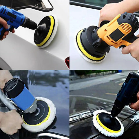 Four drills with Six Piece 3 Inch Imitation Wool Polishing Pad Kit With M10 Drill Adapter on car surfaces polishing