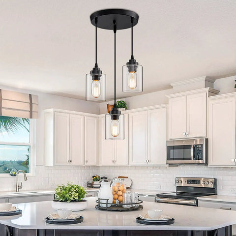 Three Light Pendant Lighting Fixture For Kitchen Island And Dining Area With Adjustable Cords And Glass Shades in Black Finish