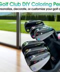 9 Piece Golf Club Paint Pens And Markers For Filling In Customizing And Renovating Your Clubs And DIY Golf Balls Weatherproof Sunproof Colors Easy Club Identification And Quick Makeovers shown with customized club heads in a golf bag.