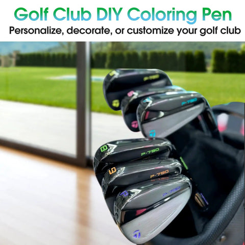 9 Piece Golf Club Paint Pens And Markers For Filling In Customizing And Renovating Your Clubs And DIY Golf Balls Weatherproof Sunproof Colors Easy Club Identification And Quick Makeovers shown with customized club heads in a golf bag.