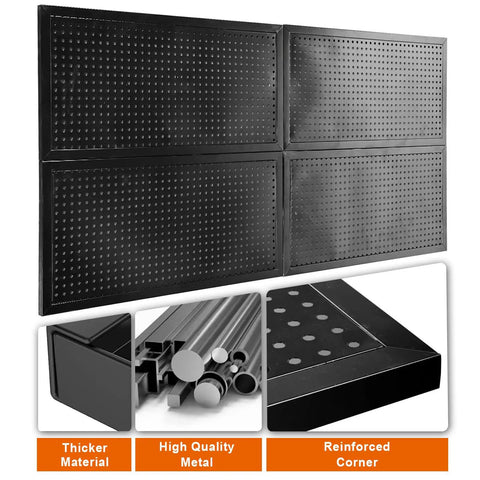 Heavy Duty 48x24 Inch Metal Pegboard Wall Organizer Kit with Black Panels, Hooks and Bins shown in reinforced corners and thicker material.