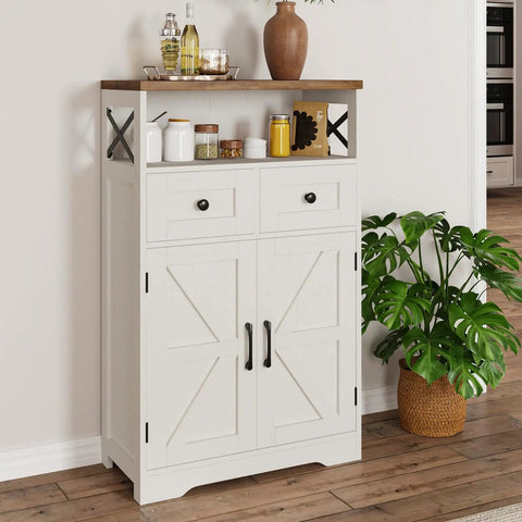 White Farmhouse Storage Cabinet With Barn Doors And Shelves, Space Saving Tall Kitchen Pantry And Coffee Bar Hutch