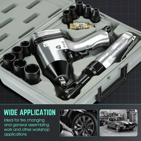 Built Different Heavy Duty 17 Piece Air Tool Kit With 1/2 Inch Pneumatic Impact Wrench Ratchet Set And Torque Wrench Shop Grade Gear in durable carry case.