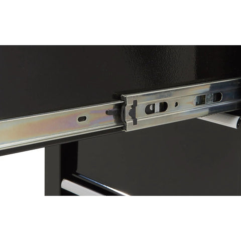 Close-up of 5 Drawer Rolling Tool Cabinet 17 Inch 75 Pound Capacity Welded Steel Construction With Rust Resistant Powder Coat Heavy Duty Garage Organizer With Smooth Glide Wheels For Tools And Hardware, showing smooth glide drawer slide mechanism.