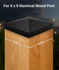 Heavy Duty 6x6 Pyramid Post Caps For Wood Posts Aluminum Matte Black Powder Coated Finish Built To Last Fits Five And A Half By Five And A Half Inch Actual Posts Nominal 6x6 Great For Fences Decks And Corridors Four Pack shown on a wood post