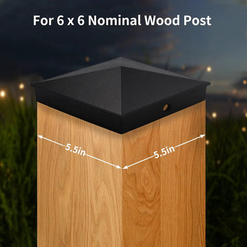 Heavy Duty 6x6 Pyramid Post Caps For Wood Posts Aluminum Matte Black Powder Coated Finish Built To Last Fits Five And A Half By Five And A Half Inch Actual Posts Nominal 6x6 Great For Fences Decks And Corridors Four Pack shown on a wood post