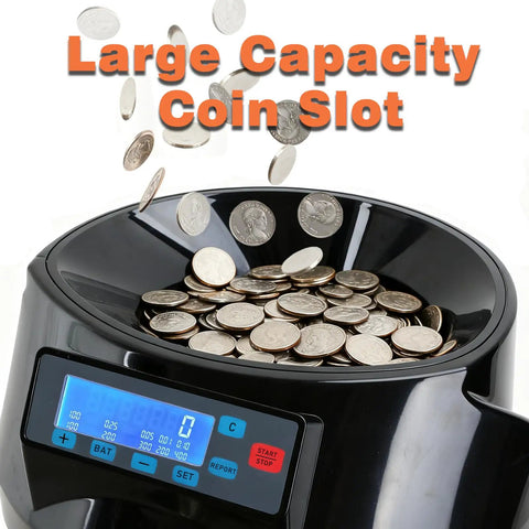 Pro Coin Counter And Sorter Machine For Home Or Biz, Fast 300 Coins Per Minute, showing large capacity coin slot with coins dropping