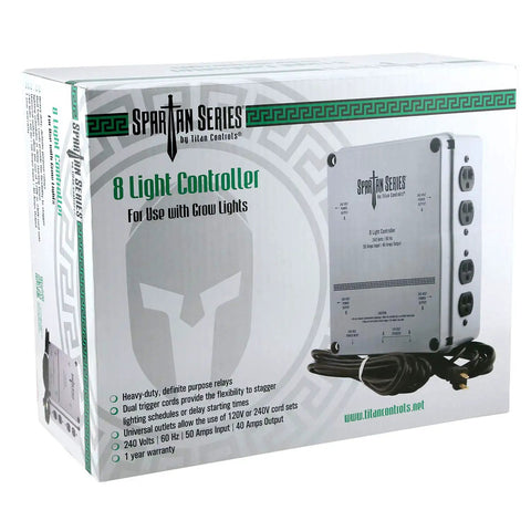Spartan Series 8 Light Grow Controller For 240V Setups With Dual Trigger Cords displayed on packaging box