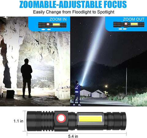 USB Rechargeable Magnetic LED Flashlight with Zoomable Beam in use, demonstrating spotlight and floodlight modes outdoors