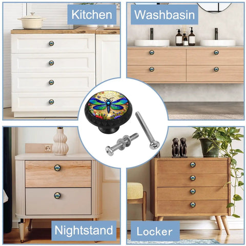 Slick Black 4 Pack 35MM Cabinet Knobs For Kitchen Cabinets And Dressers with Dragonfly Design in Various Furniture Settings