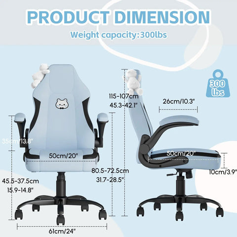 Light Blue Ergonomic Desk Chair With Lumbar Support And Flip Up Armrests PU Leather Office Chair For Home And Gaming Dimensions