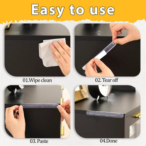 Installation steps for Six Pack Long Rubber Clear Wall Protectors with Self Adhesive Silicone Bumpers on a cabinet.