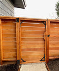 Wooden fence gate with heavy duty corner gate brace kit for wooden fences with latch no sag brackets and powder coated steel.