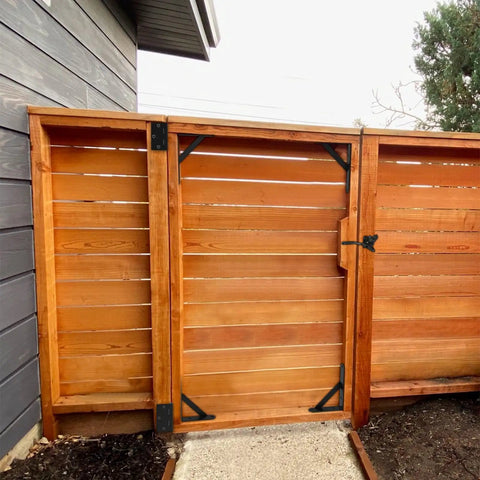 Wooden fence gate with heavy duty corner gate brace kit for wooden fences with latch no sag brackets and powder coated steel.