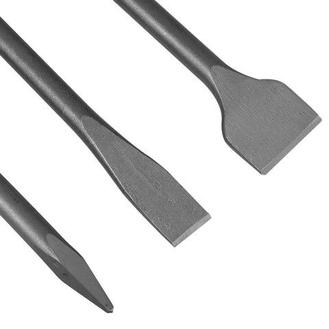 Close-up of 6 Piece SDS Hammer Drill Chisel Set With Carrying Case showing pointed, flat, and wide chisels, 40Cr steel, heat treated for concrete masonry.