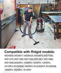 Person using a shop vacuum in a workshop with Ridgid model compatibility list, related to VF5000 Filter Set for 5-20 Gallon Wet Dry Vacs