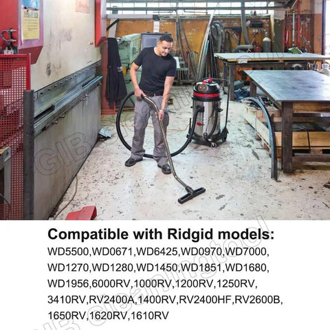 Person using a shop vacuum in a workshop with Ridgid model compatibility list, related to VF5000 Filter Set for 5-20 Gallon Wet Dry Vacs