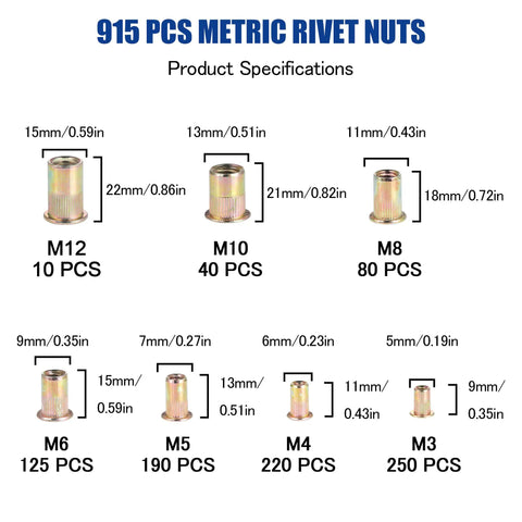 915 Piece Rivet Nut Kit With Metric Threaded Rivnuts M3 Through M12, zinc plated sizes and quantities chart in grid view