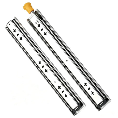 Heavy Duty Locking Drawer Slides Full Extension Double Ball Bearing Rails Side Mount Runners For Tool Chests RV Camper And Garage Storage Rock Solid Cold Rolled Steel Smooth Glide Tracks 12 Inch showing chrome finish and locking mechanisms.