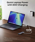 All In One USB C Hub 7in1 For Laptops And MacBook Type C Devices With 4K 60Hz HDMI connected to laptop charging at 85W on desk