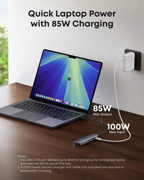 All In One USB C Hub 7in1 For Laptops And MacBook Type C Devices With 4K 60Hz HDMI connected to laptop charging at 85W on desk
