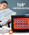 Woman holding towels next to 18L Professional Towel Warmer For Salons And Spas Pro Grade Black Towel Warmer Cabinet with 360° heating display.