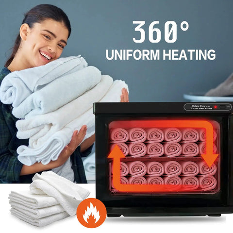 Woman holding towels next to 18L Professional Towel Warmer For Salons And Spas Pro Grade Black Towel Warmer Cabinet with 360° heating display.