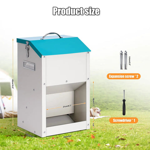 No Sweat Automatic Dog And Cat Feeder With 14 Liter Gravity Stand dimensions showing 42cm height and 25cm width for outdoor use.