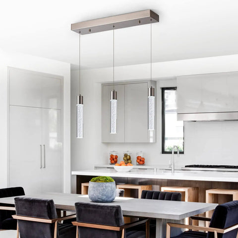 Modern Pendant Light With Adjustable Height In Brushed Nickel For Kitchen Island And Dining Bar, Dimmable LED Cylindrical Island Light