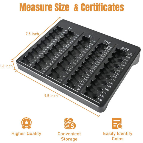 Pro Grade Black Coin Counter Tray For Quick Change Count And Sort 5 Compartment Organizer With 150 Assorted Coin Wrappers Included