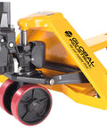 Global Industrial pallet jack with yellow frame and red wheels