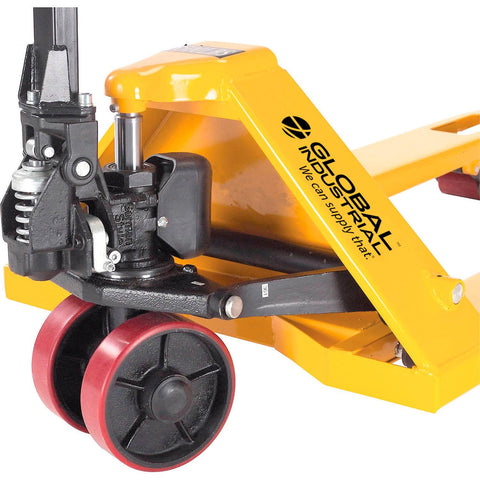 Global Industrial pallet jack with yellow frame and red wheels