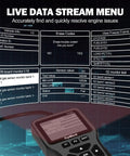 OBD2 Scanner Diagnostic Tool With 35901 DTC Lookup showing live data stream and sensor values on display