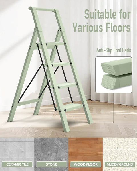 4 Step Foldable Aluminum Ladder That Doubles As A Lightweight Step Stool No Assembly Needed With Compact 2.1 Inches Folded Thickness And Reaches Up To 29.7 Inches For Easy Home Garage Use, mint green, anti-slip feet